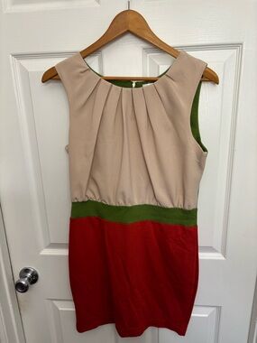 Esley Beige, Green & Red Colorblock Sleeveless Mini Dress w/Goldtone Zipper, M